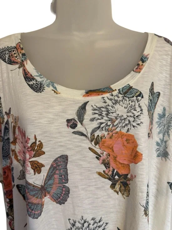Lucky Brand Cream Short-Sleeve Tee  Floral & Butterfly Print PLUS: 2X    #A - Picture 2 of 8